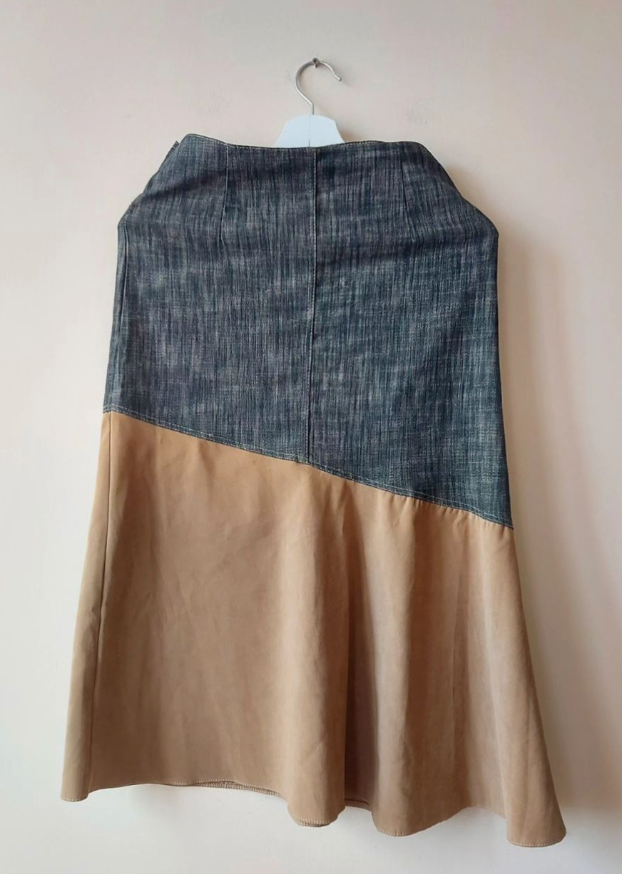 Denim Asymmetric Mixed Fabric Midi Skirt