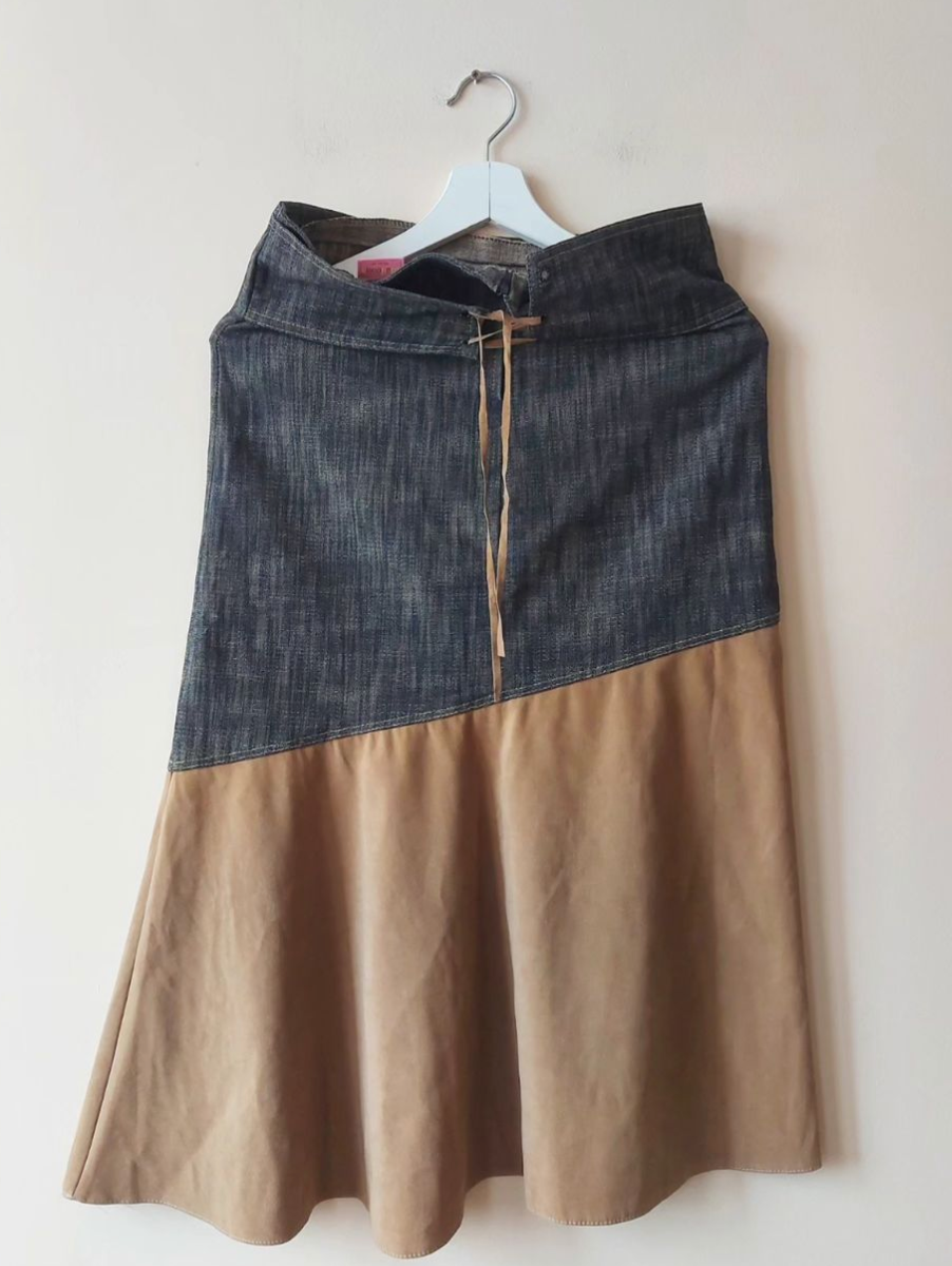 Denim Asymmetric Mixed Fabric Midi Skirt