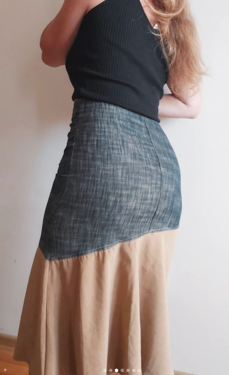 Denim Asymmetric Mixed Fabric Midi Skirt